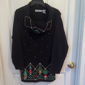 Black Christmas turtle neck sweater with trees and wreaths.  A-10